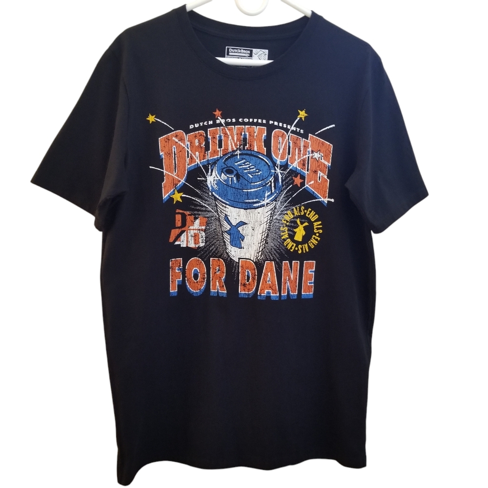 Mens Black Dutch Bros Drink One For Dane Crew Neck Short Sleeve Tee Size Large